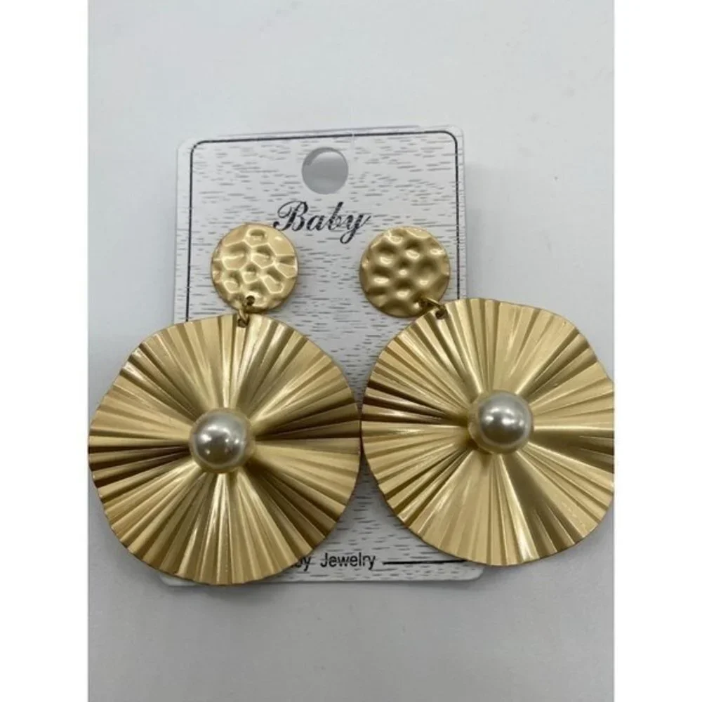 Baby Jewelry Drop Earrings Women OS Gold Hammered Faux Pearl Retro Boho